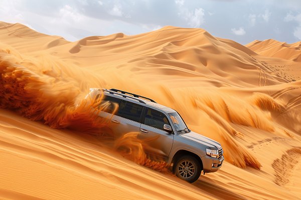 A powerful SUV performs a dynamic slide on the sandy desert dunes with dust clouds billowing around it A powerful SUV performs a dynamic slide on the sandy desert dunes with dust clouds billowing around it