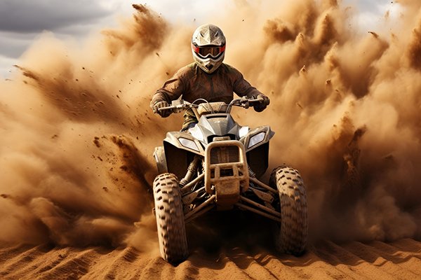 Billowing Quad bike dust. Generate Ai Billowing Quad bike dust. Sand action. Generate Ai
